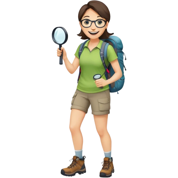 Extremely happy joyful woman in her late 30s with glasses wearing sporty outfit, hiking boots, and backpack, holding a magnifying glass with big smile emoji
