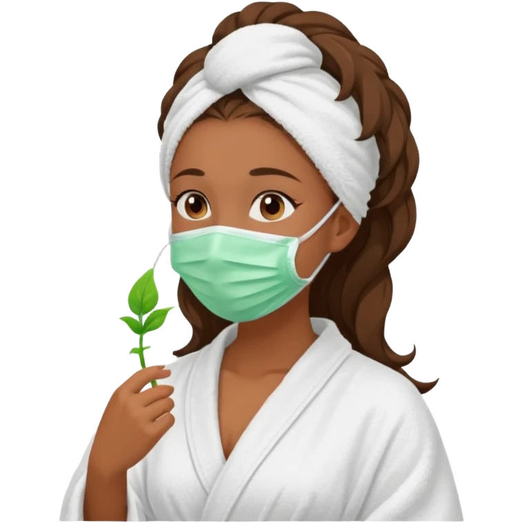 Tanned girls side profile  in robe and her hair in a towel with a face mask on emoji