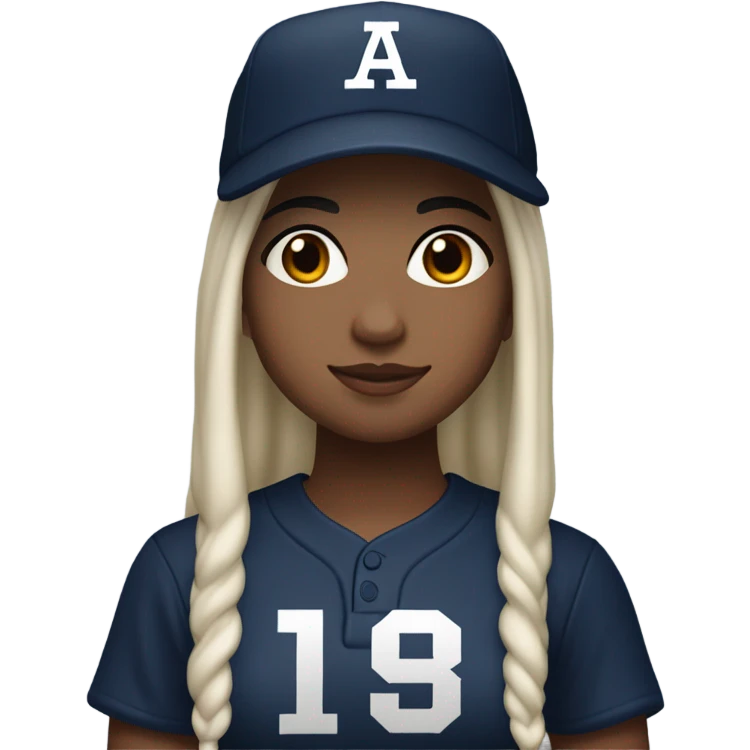 white skin with black long hair girl wearing navy ballcap emblazoned with a red G initial and wearing baseball uniform emoji