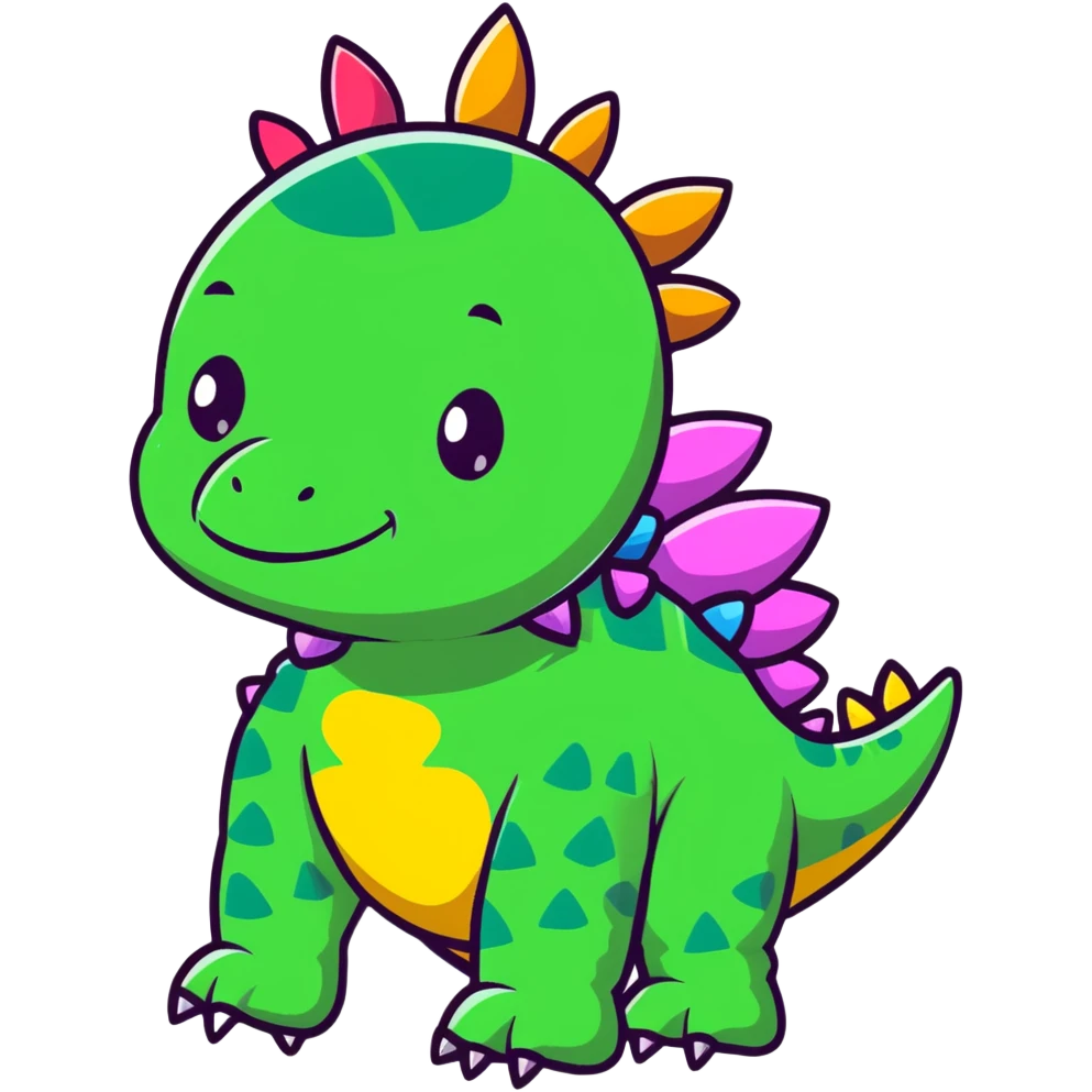 A cartoon baby stegosaurus toy with a cute onesie and tiny colorful spikes emoji
