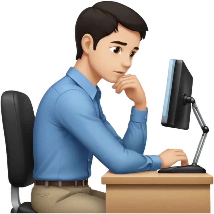 iOS emoji style - Side profile of a man with dark hair and wearing a collared-shirt. He sits with hunched posture at a desk. emoji