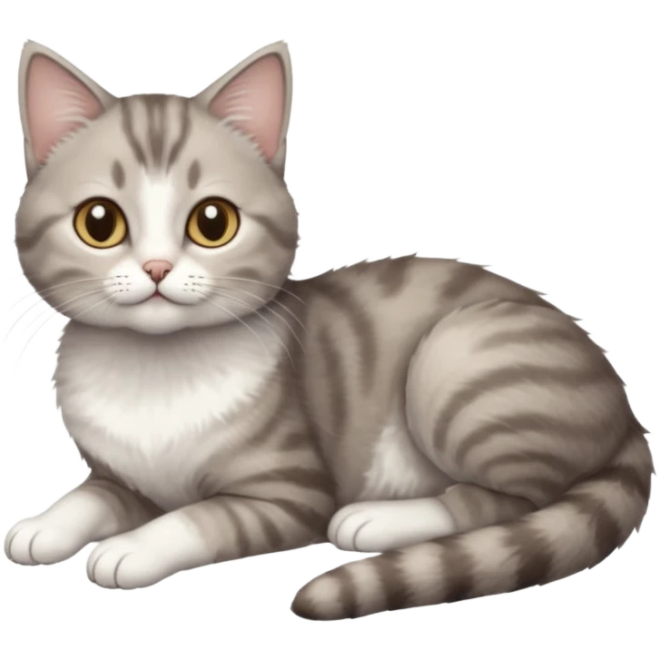 full body tiny short hair grey and white cat with white front legs anh azel eyes lying down emoji