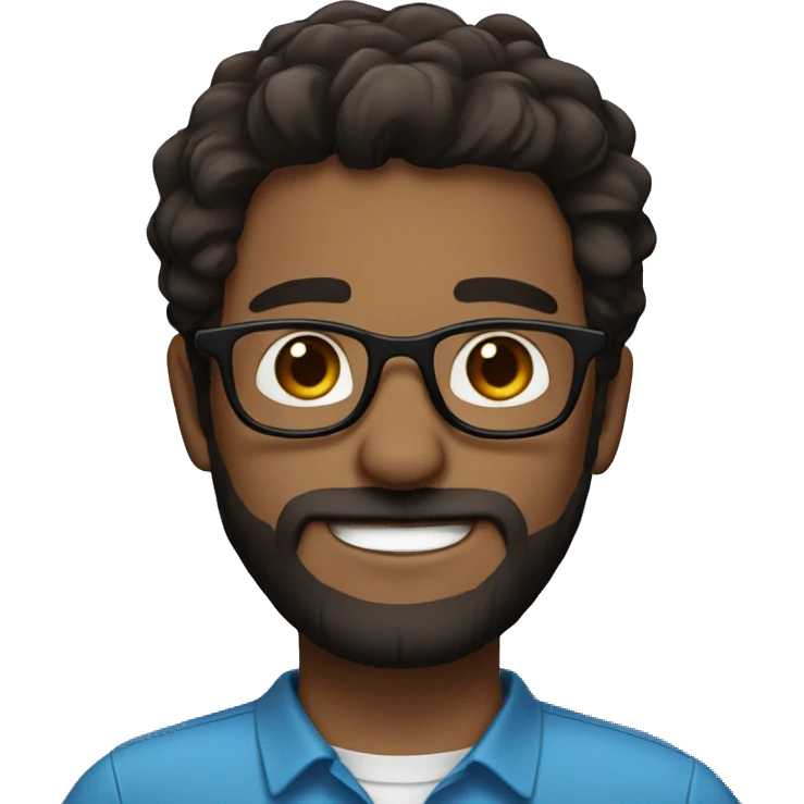 Dark brown hair, blue eyes with glasses, beard emoji