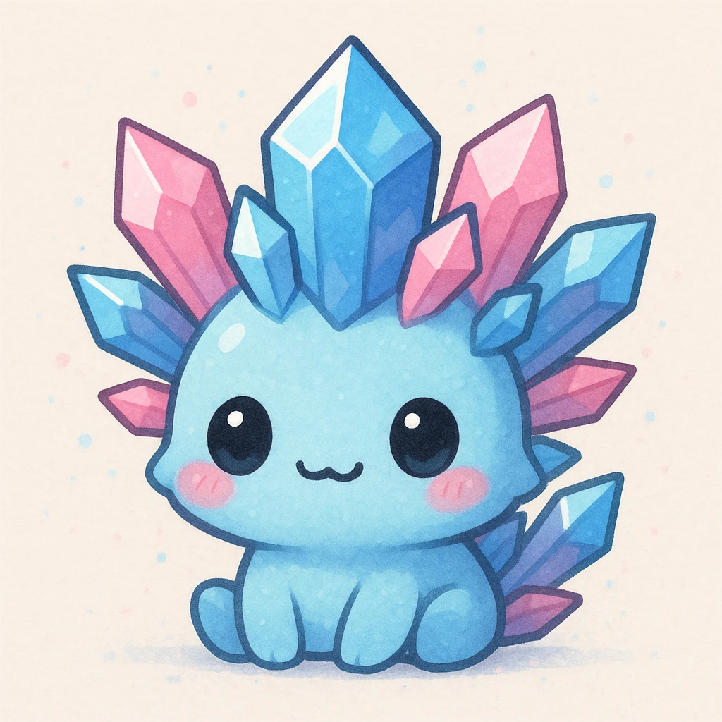 kawaii style crystal sprite creature, blue and pink crystals, chibi proportions, adorable expression emoji