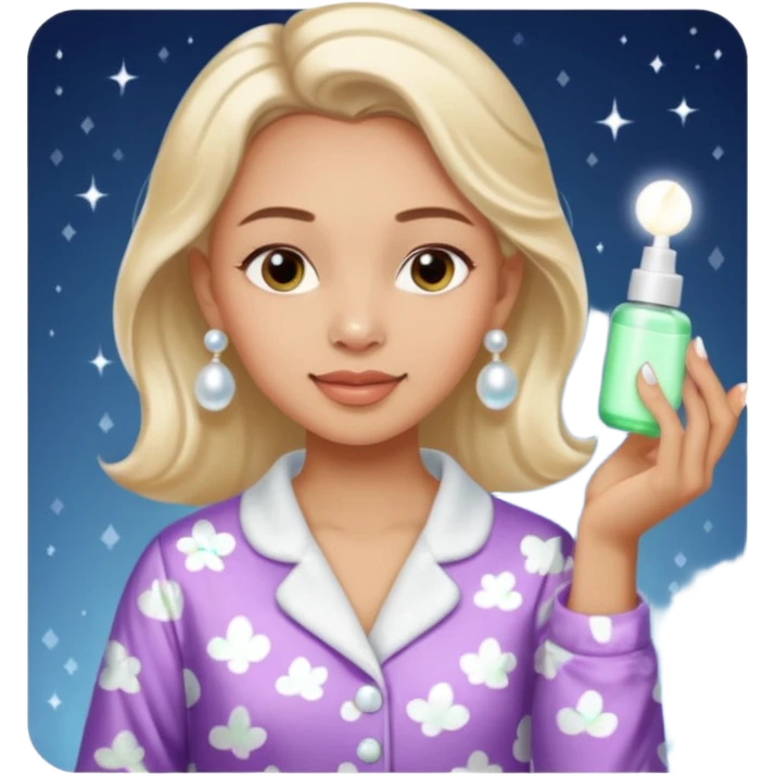 Clean girl aesthetic emoticons, apply skincare products, pearl earrings, glowing skin, pajamas, soft lighting emoji