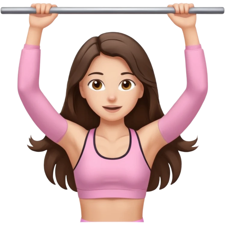 white happy brunette teen long hair with hazel eyes in light pink workout clothes doing a pullup emoji