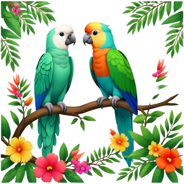 Close-up collage of vibrant Ara parrots and Inca cockatoos sitting on tree branches, surrounded by lush greenery. Bright colors of the birds stand out against a natural, sunny background of trees and flowers. Transparent background. emoji