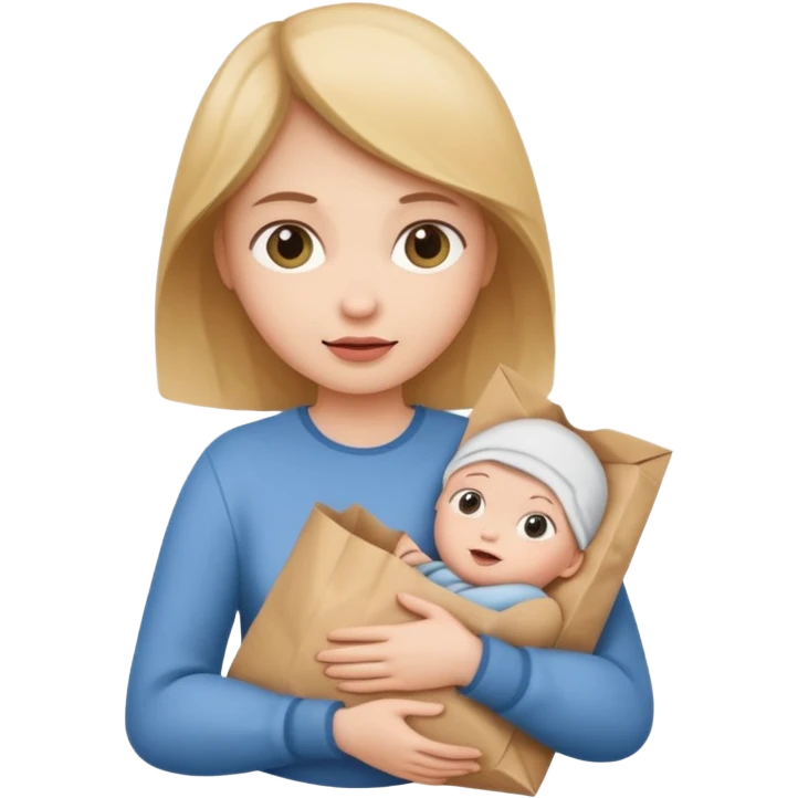A woman cradling a paper bag like a baby emoji