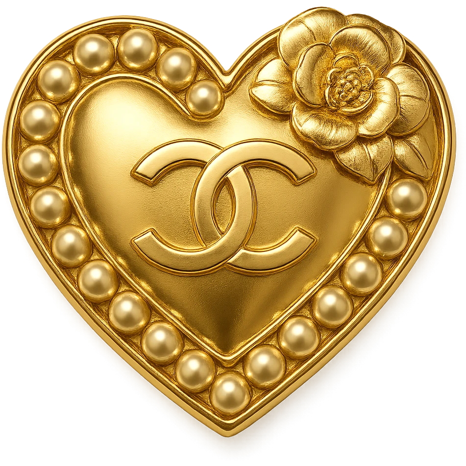 Chanel heart metallic gold with pearls and camellia flower luxury details emoji