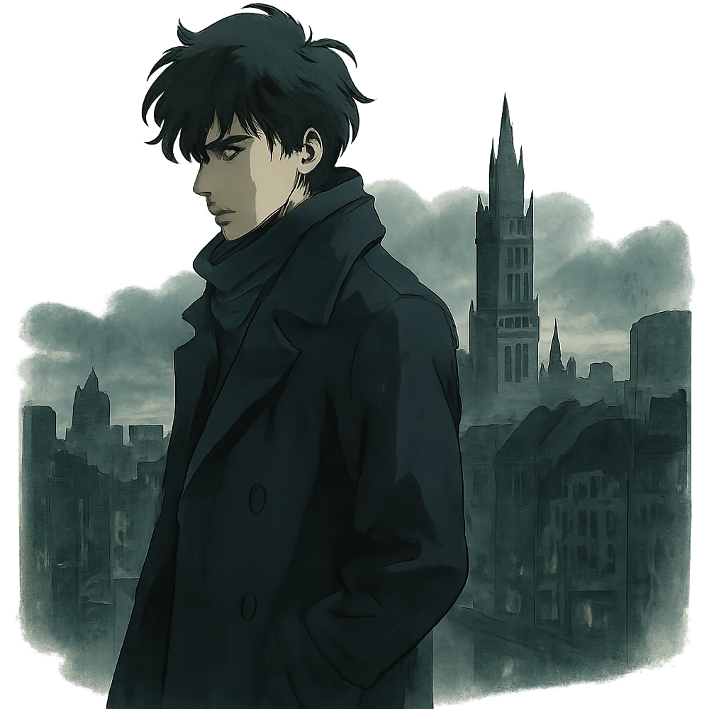 moody, cinematic figure in a cityscape inspired by 'bastard munchen' in ghibli style emoji