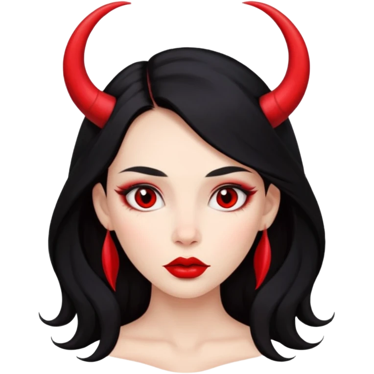 A skin red girl's face with cheekbones, long black hair, small red horns, big lips emoji