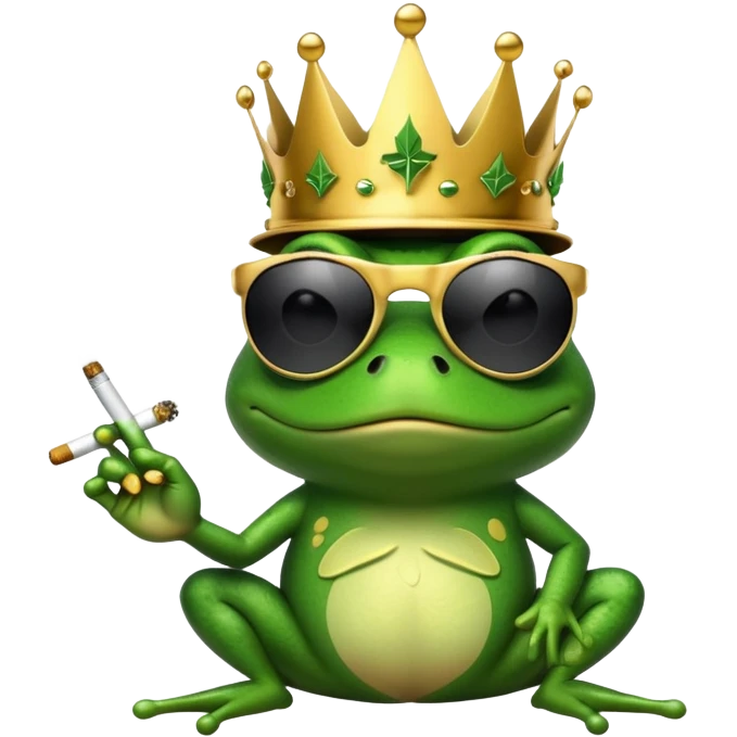 gangster frog wearing a gold crown smoking a marijuana joint, cool sunglasses emoji