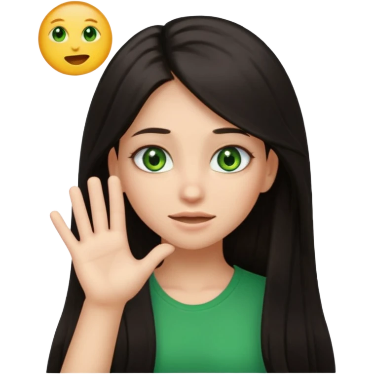 Animated girl dark long hair green eyes emoji with duh facial expression ,one hand on top of her head emoji