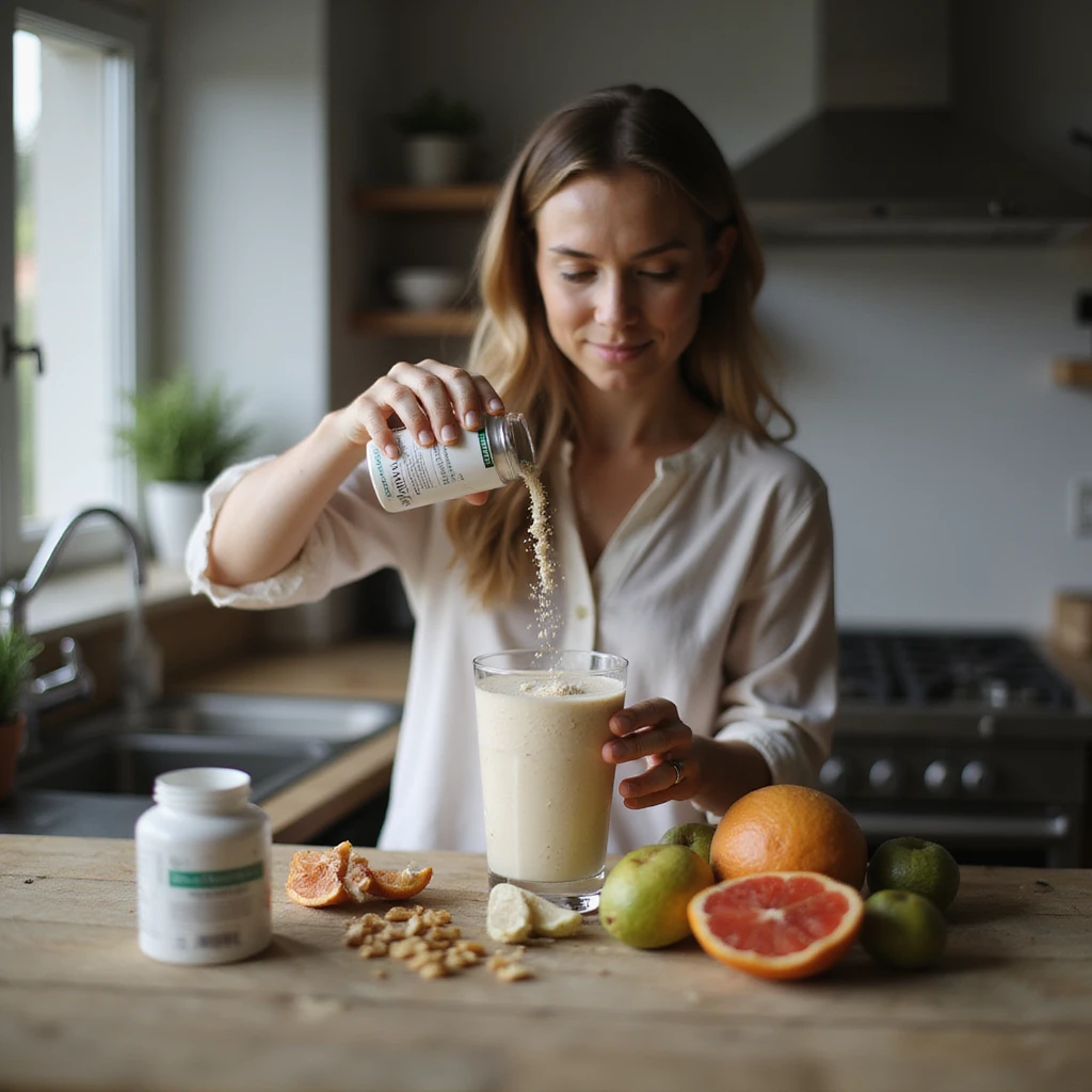 A woman in her 30s pouring inositol powder into her morning smoothie, kitchen counter with supplements and fresh fruits, soft natural lighting, realistic lifestyle photography, focused expression emoji