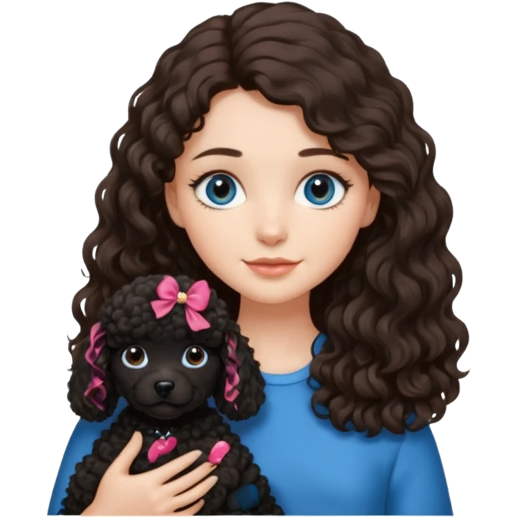 Brunette girl with long wavy hair and blue eyes holding black puppy poodle with brown eyes emoji