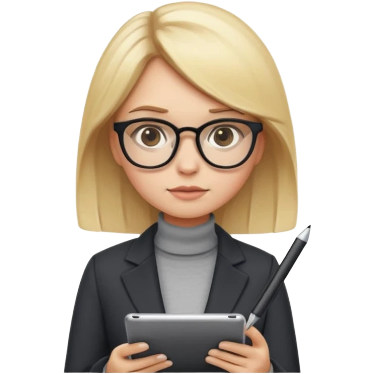 A cute blonde girl emoji in cartoon style as a professional presentation designer. She wears stylish glasses, a modern outfit like a chic blazer or turtleneck, and holds a digital tablet or stylus. She has a concentrated expression with a slight frown. emoji
