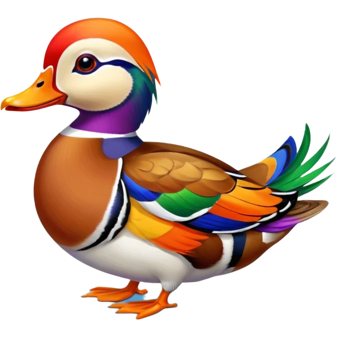 Hyperrealistic, mirco-detailed,  male Mandarin Duck, in the lake,  with brightly colored plumage marked by bright orange, green, red, yellow, and purple, still life, 4k. No emoji icons, no emoji faces  emoji