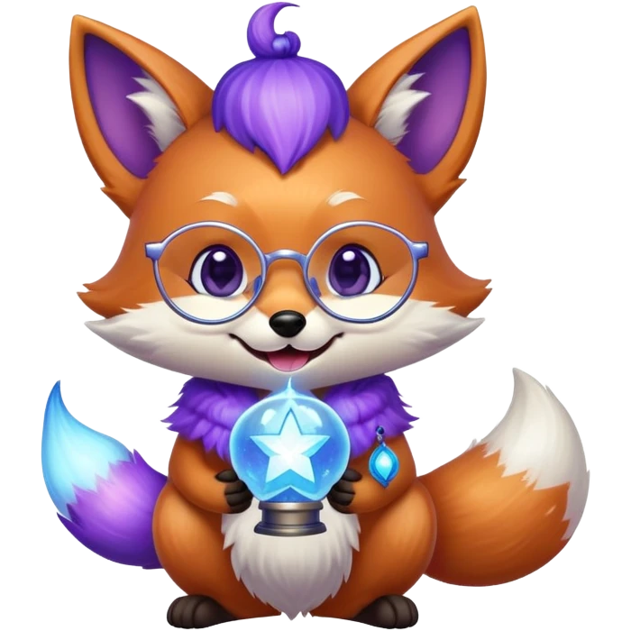 A small magical fox with shimmering purple and blue fur, a glowing fluffy tail, a silver star on its forehead, and round glasses, holding a tiny magical lantern, laughing with tears of joy in its eyes. 🦊😂 emoji