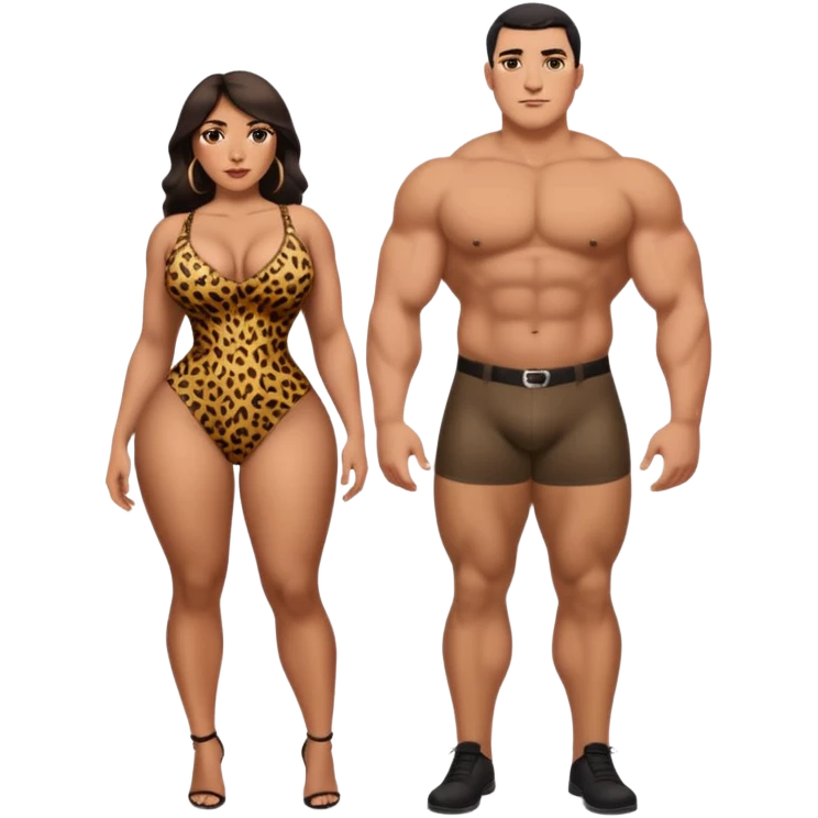 attractive full body latina with massive curves, breasts, and ass wearing a tight leopardskin dress with a full body man next to him with a large bulge in his pants in his crotch area emoji