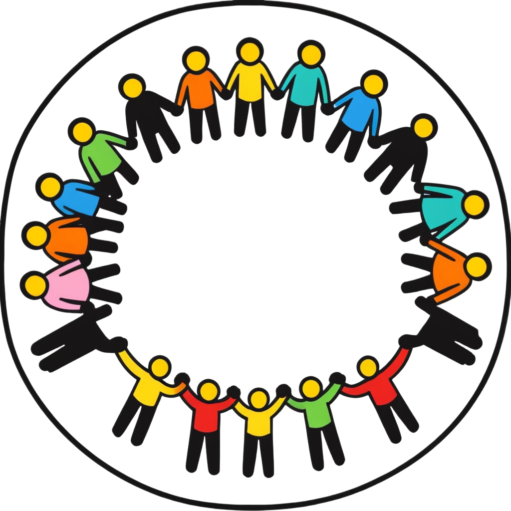 sticker style stick figure humans standing in a circle, holding hands, unity, cheerful emoji