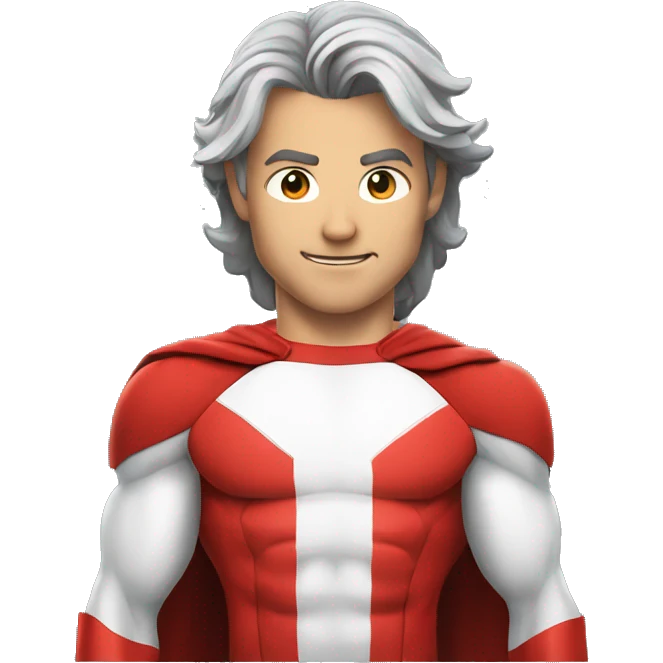 a male canadian superhero wearing red and white clothes including a mapple leaf on his chest with long dark grey hair in a ponytail emoji