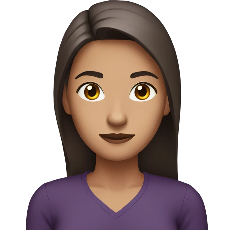 Woman with long straight brown hair and brown eyes wearing a dark purple shirt giving a skeptical look emoji