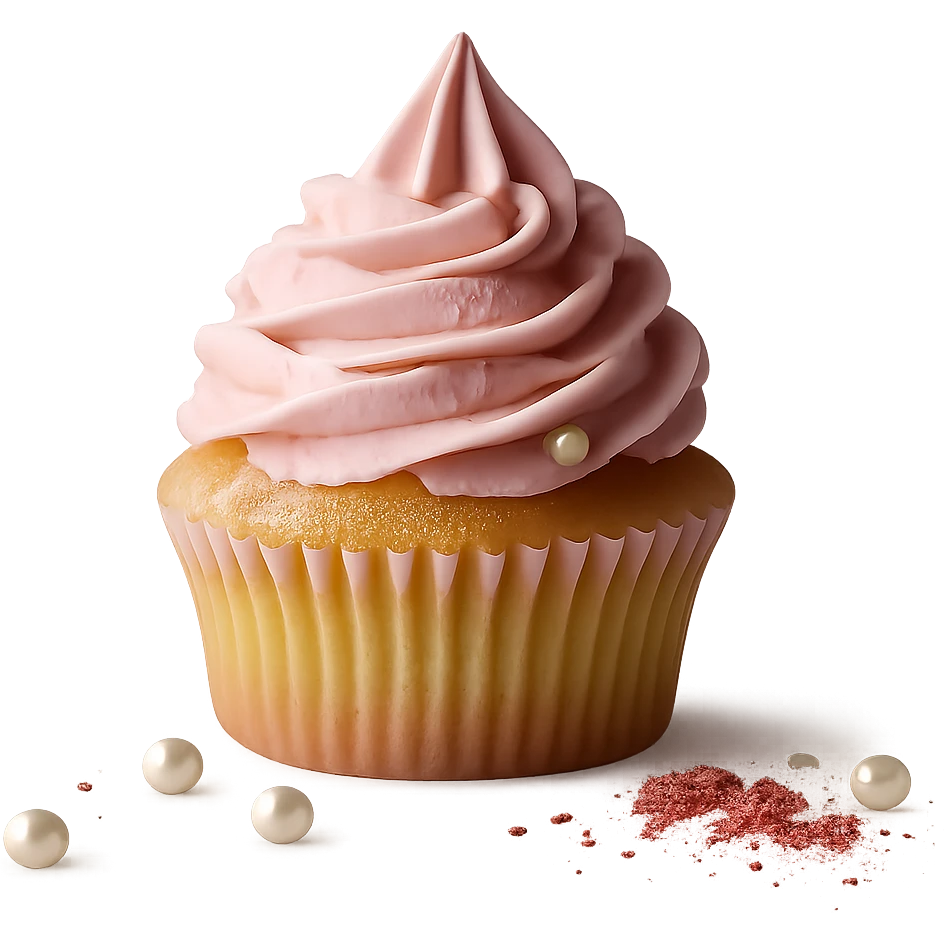Remove the background, keep only the realistic cupcake with pink icing and accessories, preserve photorealistic style, transparent background. emoji
