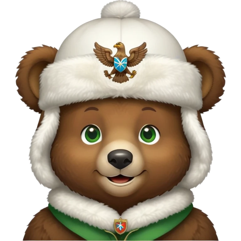 Endearing brown bear head with cute smile and bright green eyes, wearing white ushanka hat with detailed Russian eagle emblem in middle, iOS emoji style emoji
