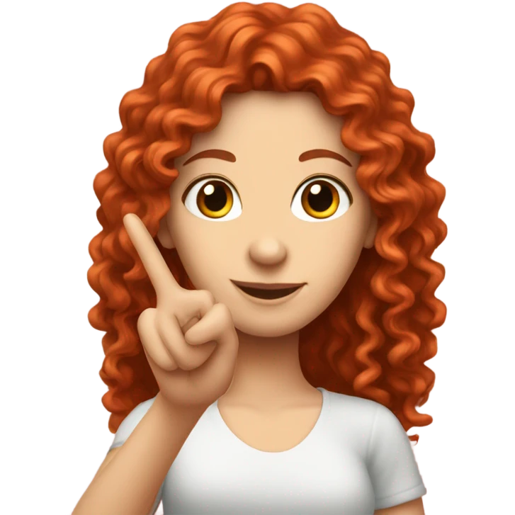 a white girl with long red curly hair does peace sign emoji