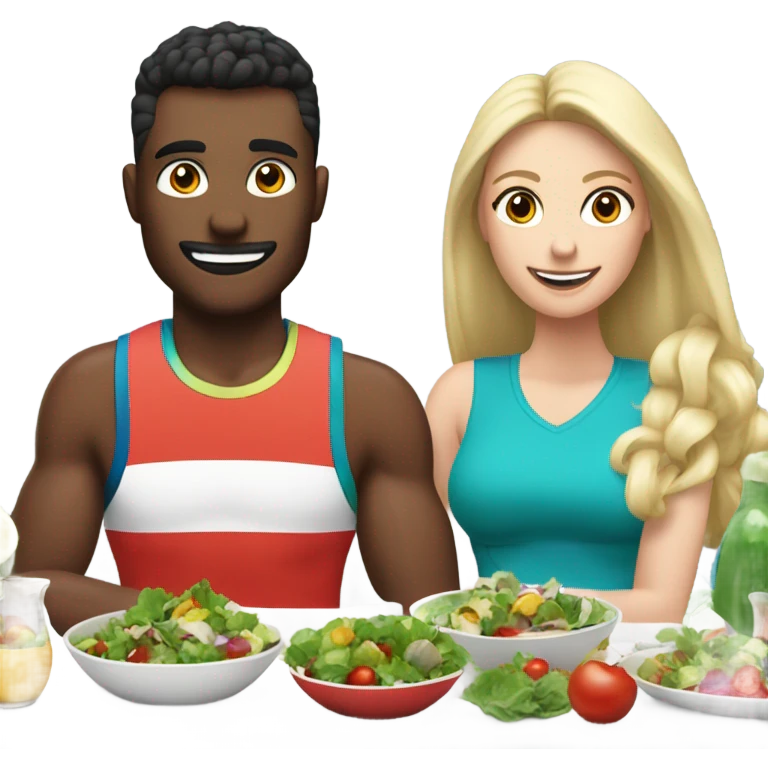 emoji Sporty white couple, man and woman in sportswear, sitting at Christmas festive dinner table only salads. behind them is a Christmas tree emoji
