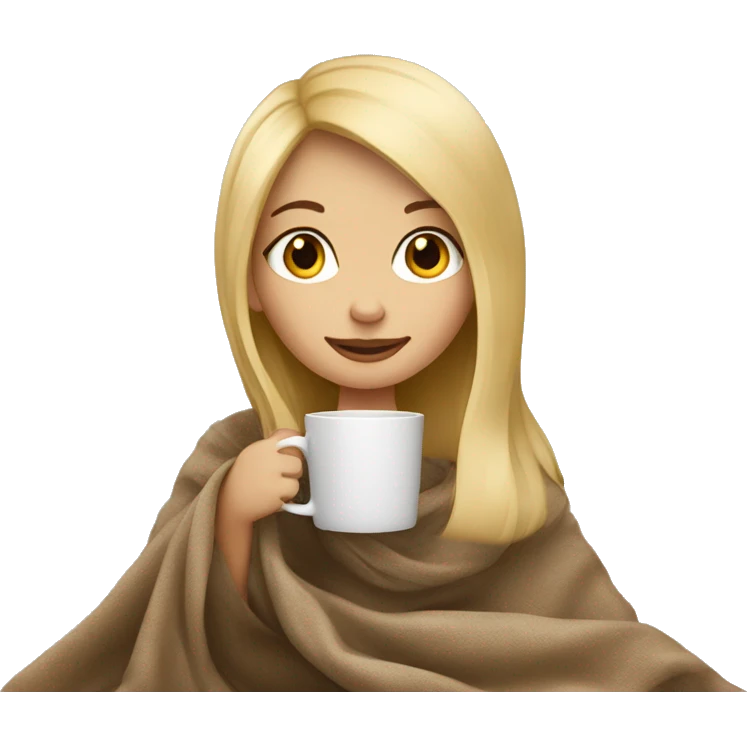 Blond straight hair girl sitting with her cozy coffee  and beige blanket emoji