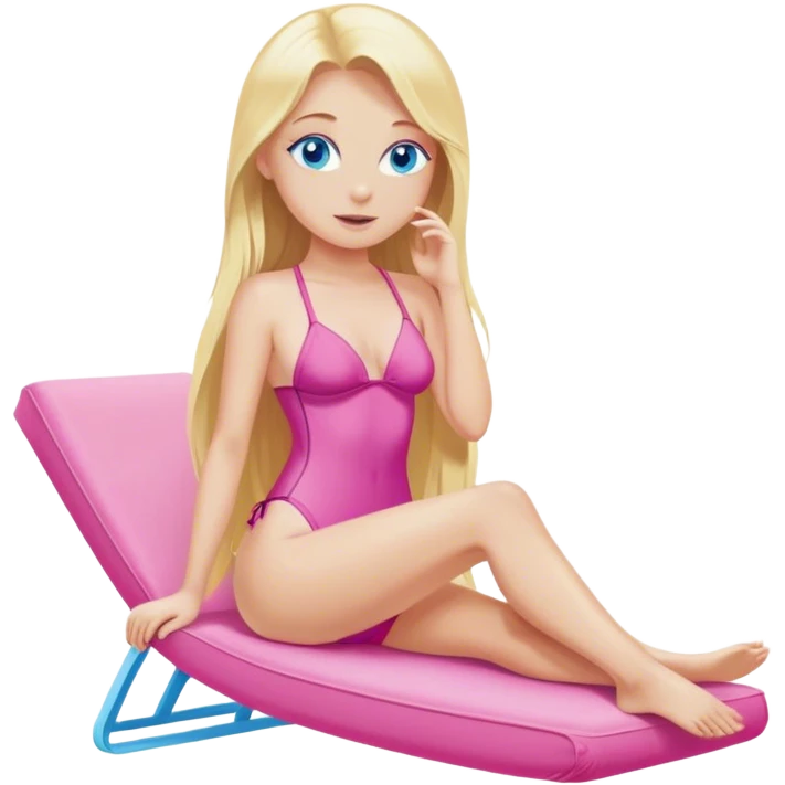 A cinematically realistic blonde with long hair and blue eyes is lying on a chaise longue in a pink swimsuit, sunbathing in the sun emoji