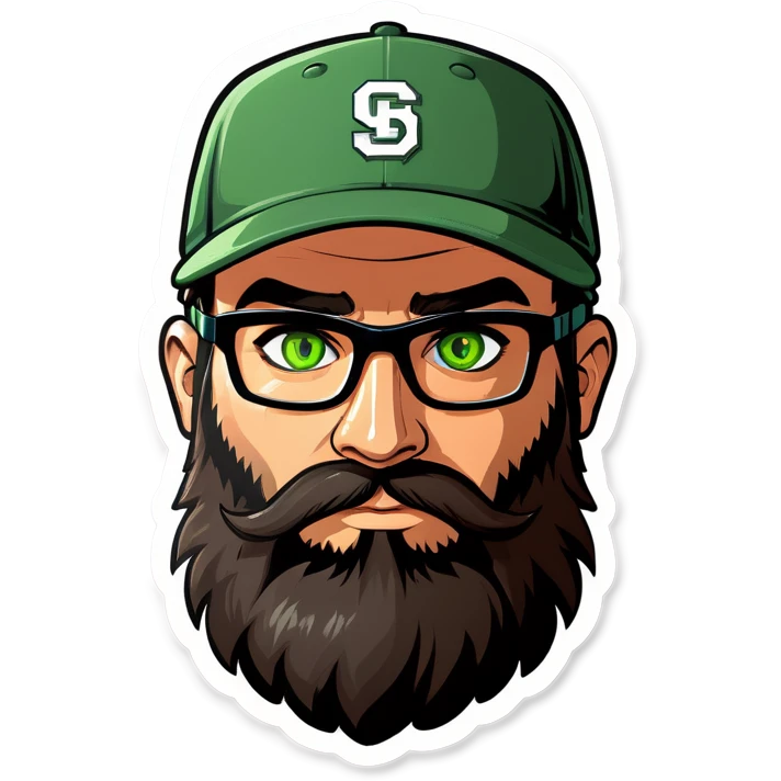 A man with a grey baseball cap, green eyes, big dark brown beard and glasses, gamers headset emoji