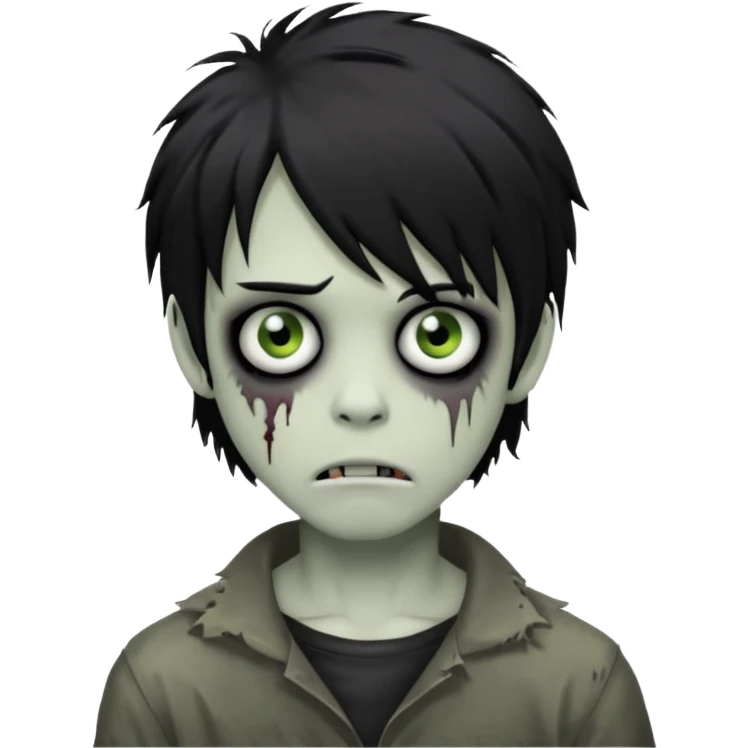 creepy boy zombie, black shaggy emo hair, medium long, dark and spooky look emoji