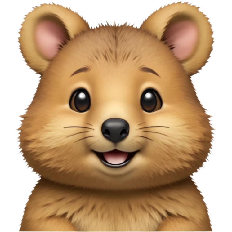 cinematic-realistic quokka-emoji,-small-round-frame, head tilted in an endearing manner, comical smile, round cheeks, giant-fluffy-cheeks-large-smile-fluffy-brown-fur-radiating-a-warm-softness,-big-round-eyes-filled-with-joy, realistic round  fluffy zoomed in, large black eyes one paw raised  emoji