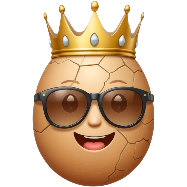 a funny, proud cartoon-style egg character wearing sunglasses and a small broken crown, solid orange background. emoji
