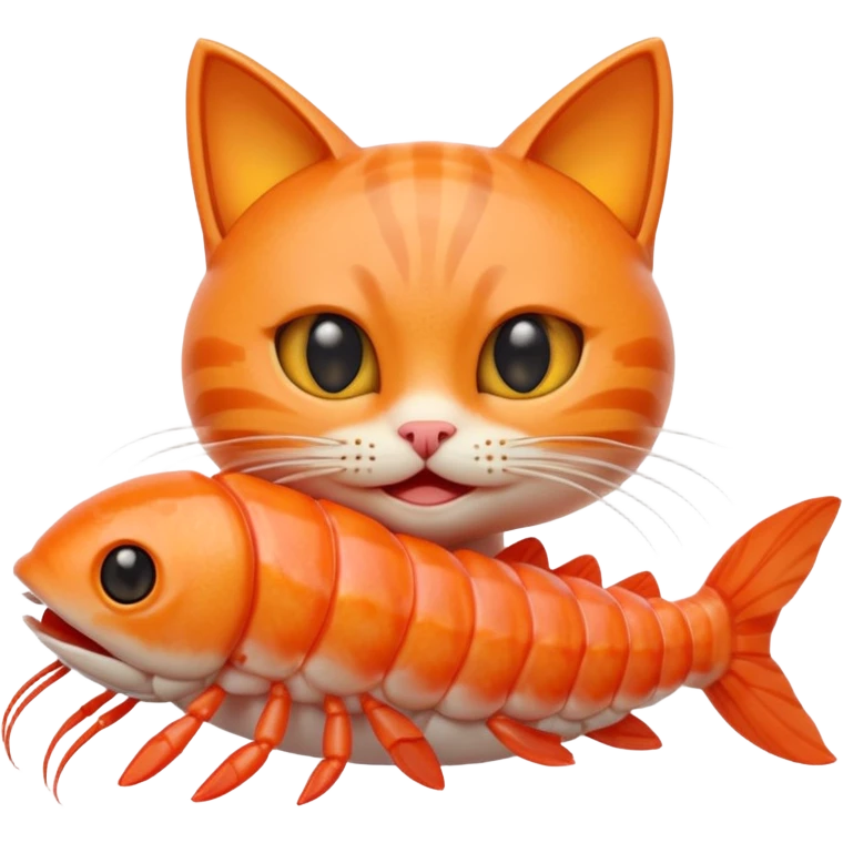 A cute 3D hybrid creature combining a cat and a shrimp, with a cat’s head and a shrimp’s body, bright orange tones, big expressive eyes, smiling face, cartoon style, soft lighting, smooth textures, emoji-like design, high-quality digital illustration. emoji