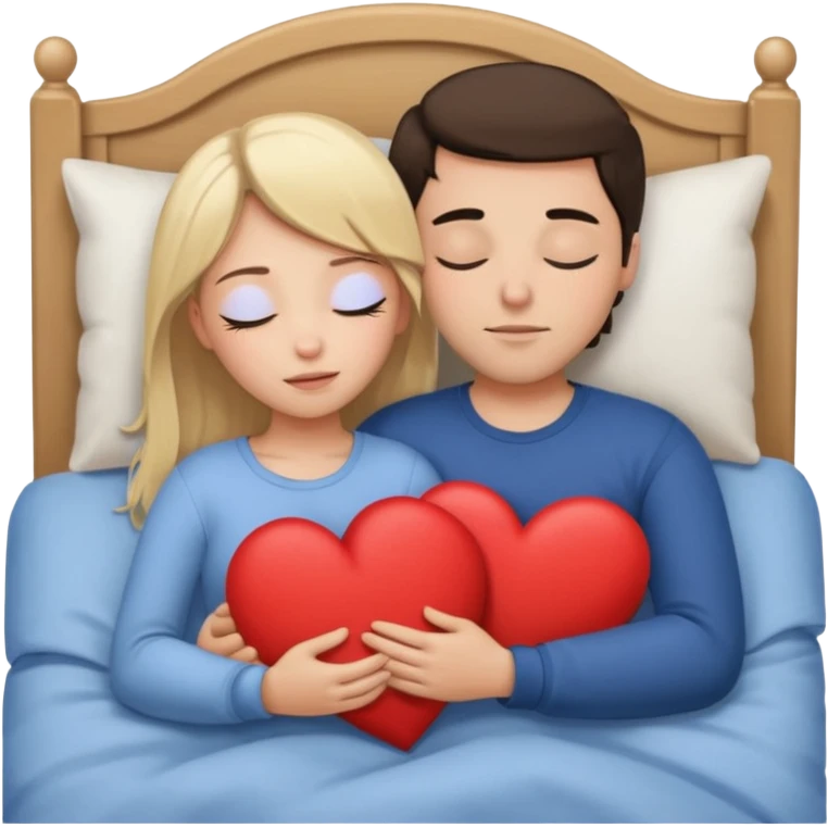 cuddling in bed, asleep. blonde girl. brunette man. eyes closed. heart between them. no headboard emoji