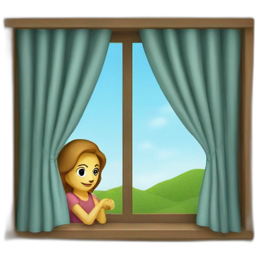 Mujer poniendo cortinas de tela en su ventana emoji