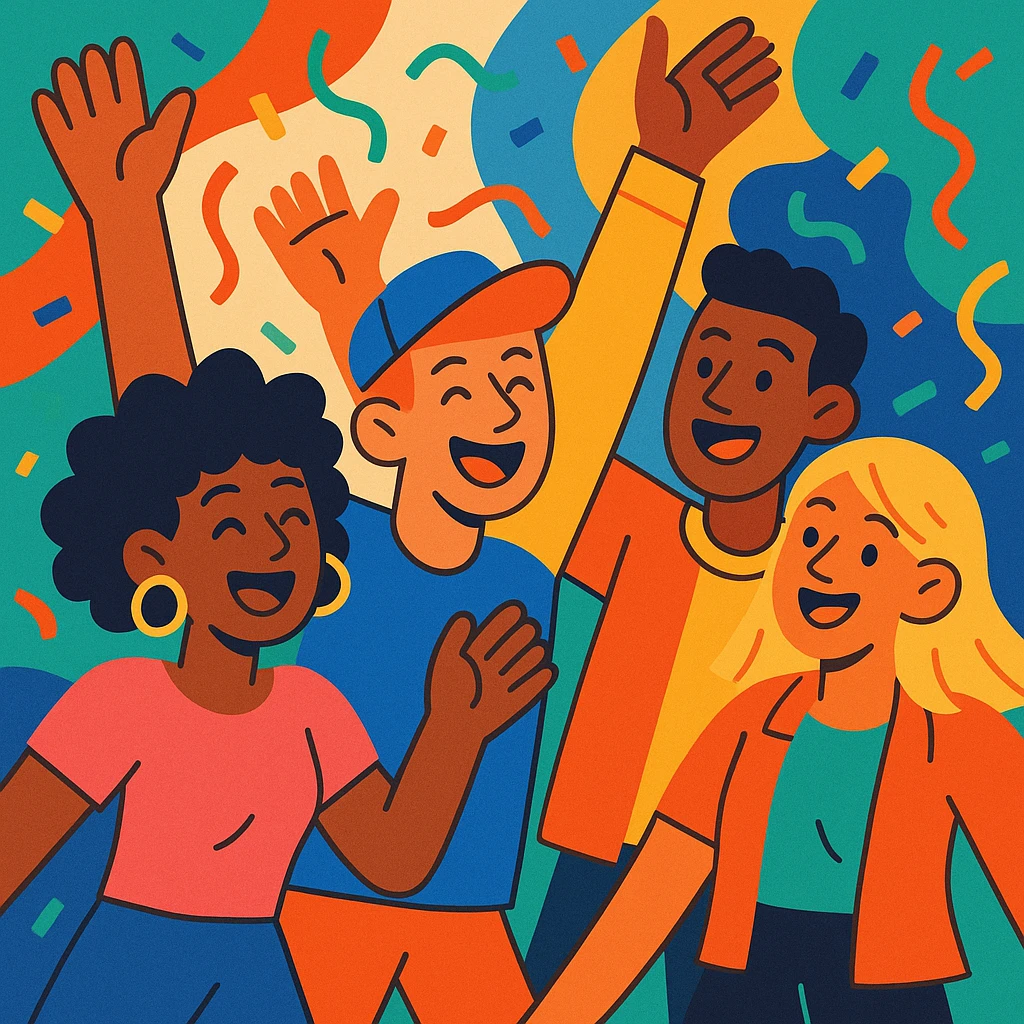 a group of young people, vibrant cartoon style emoji