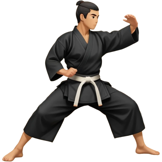 An icon depicting an aikido fighter in a black gi, executing a graceful throw in a martial arts dojo. The background features traditional wooden floors, tatami mats, and a serene atmosphere with soft lighting. The focus is on the fighter's precise technique and fluid movement. Transparent background emoji
