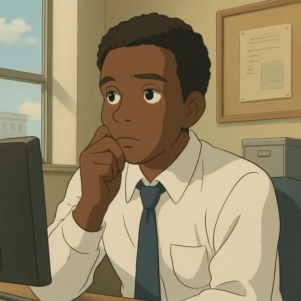 Black office employee, white shirt, thinking emoji