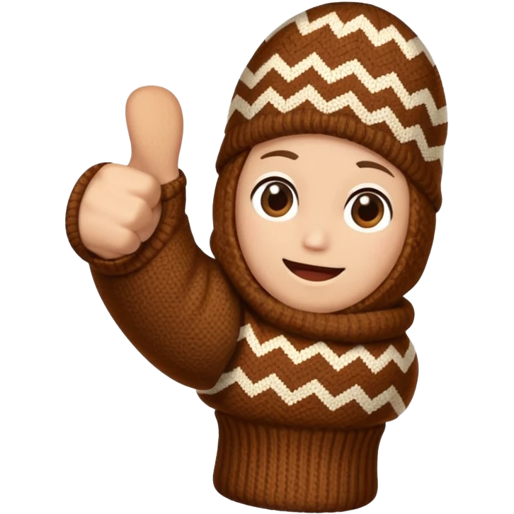 thumbs up fist in brown knit mitten with zig-zag beige pattern, no face emoji