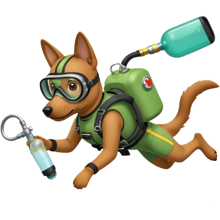 dog wearing scuba green gear dive into the sea with diver mask and oxygen tank emoji