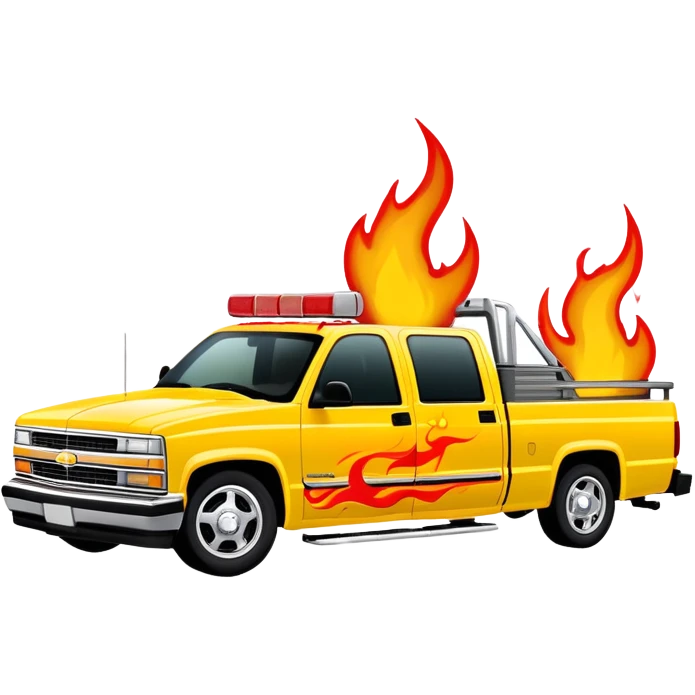1997 yellow Chevy C-2500 Crew Cab with intricate airbrushed red flame design spreading across front, realistic flame artwork like in Kill Bill movie, 30-degree view, iOS emoji style emoji