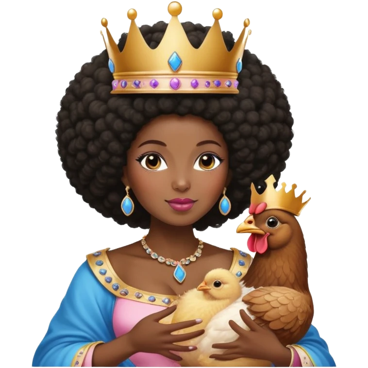 Una reina negra de piel oscura usando corona en su cabello afro dado de comer pollo a su niño de 8 meses que está feliz, ella está vestida de rosado y el bebé está vestido de azul y beige emoji
