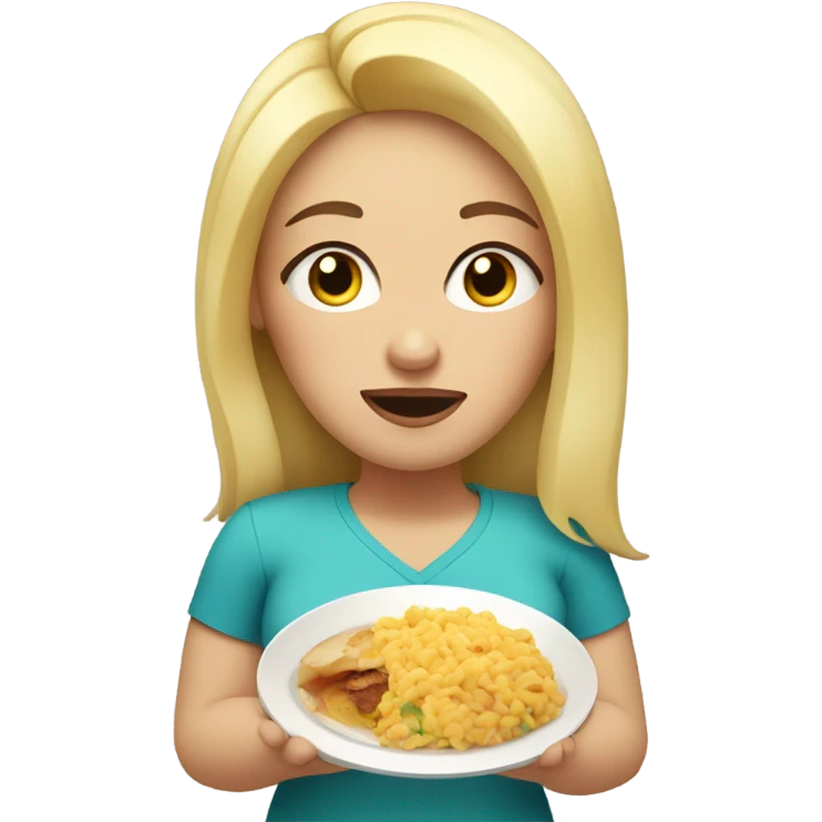 an overweight blondie woman crying with a plate of food emoji