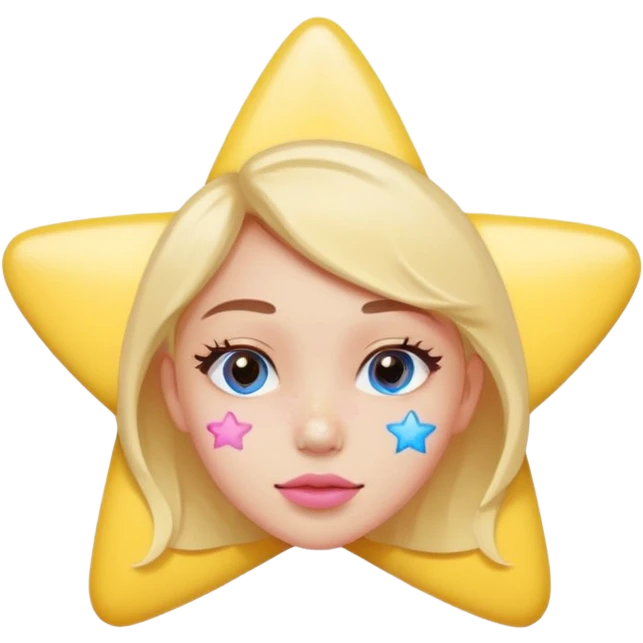 A cute emoji-style young woman with a small pimple on her cheek covered by a colorful pimple patch shaped like a star or heart,The sticker is glossy and pastel-colored (pink, yellow, blue). emoji