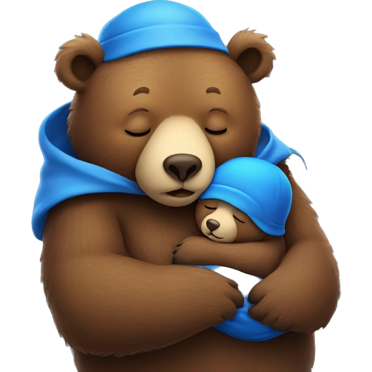 Big brown bear sleeping with a blue sleeping cap on cradling a baby bear cub who is also sleeping emoji
