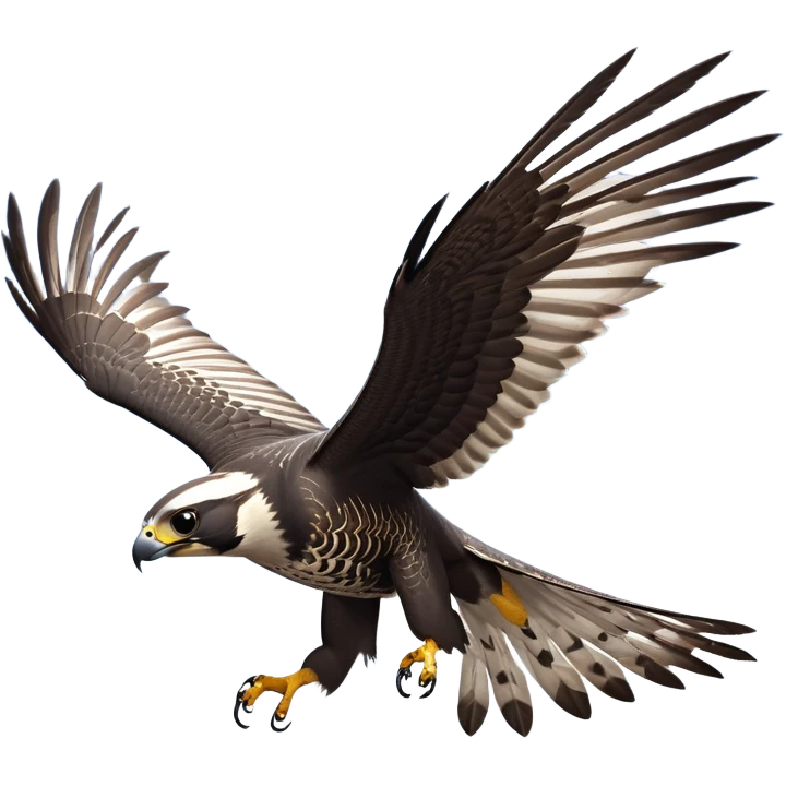 cinematic-peragrin falcon-realistic-full-body-diving-emoji,-sleek-aerodynamic-frame-plummeting-through-the-air-with-lightning-speed,-razor-sharp-talons-poised-for-the-strike,-feathered-wings-angled-for-maximum-precision,-keen-dark-eyes-locked-onto-its prey, white underside with black dotted feathers emoji